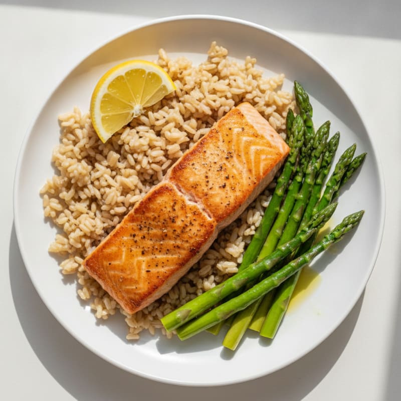 Seared Salmon Fillet with Steamed Asparagus and Brown Rice