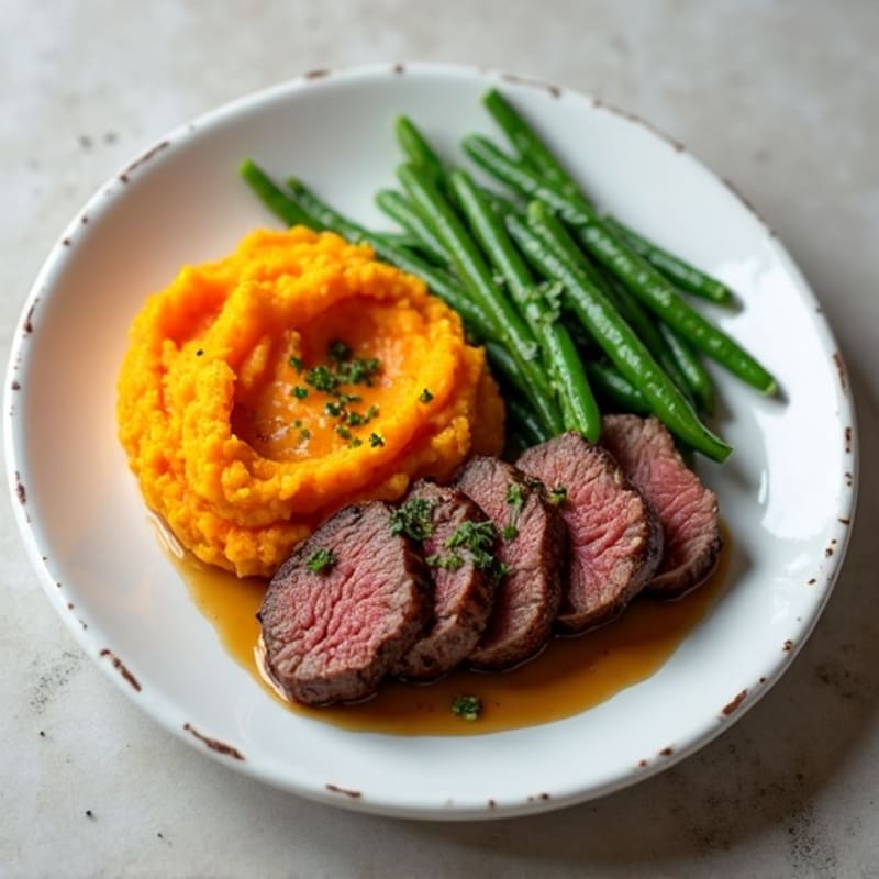Seared Lean Beef with Garlic Green Beans and Sweet Potato Mash