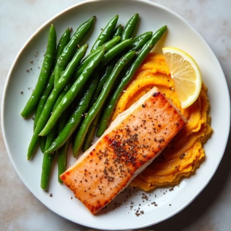 Seared Salmon with Steamed Green Beans and Mashed Sweet Potato