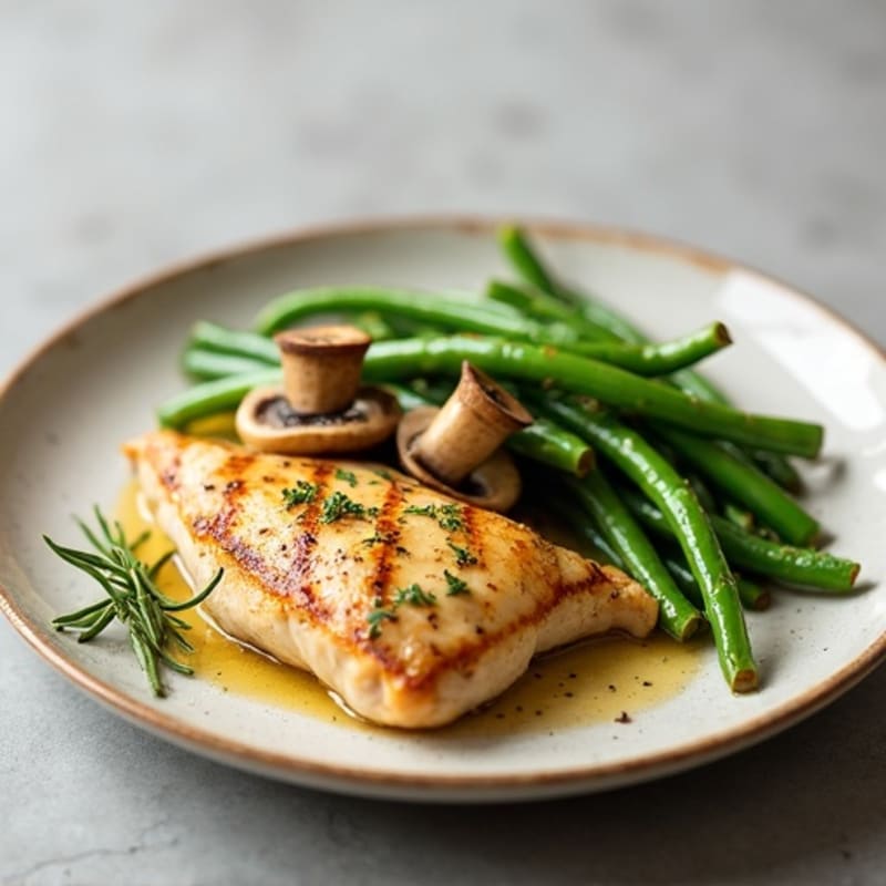 Lemon Herb Chicken with Roasted Garlic Butter Mushrooms and Crispy Green Beans