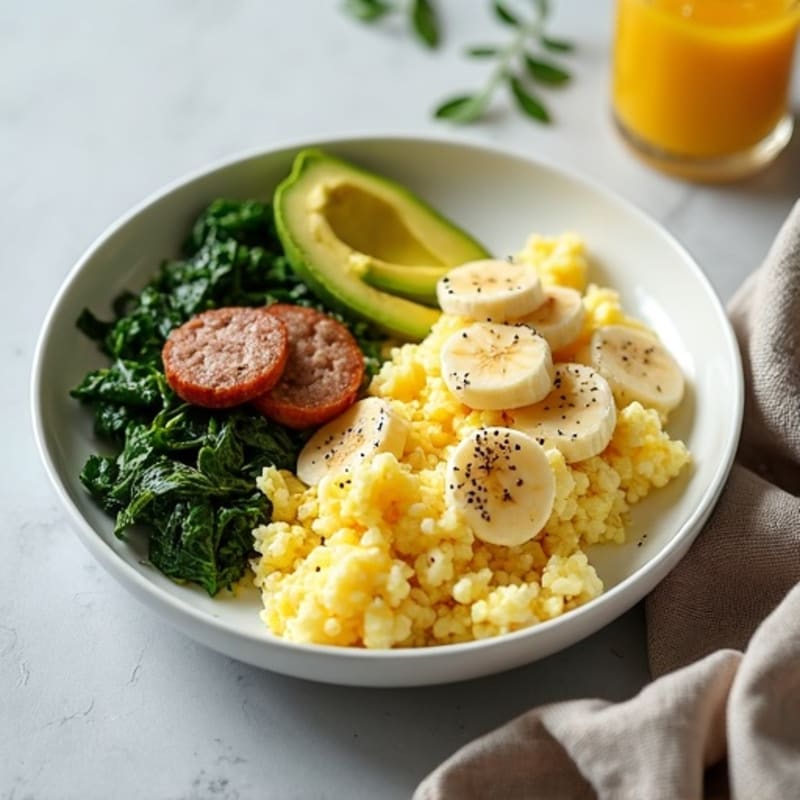 Egg White Scramble with Turkey Sausage and Sautéed Spinach