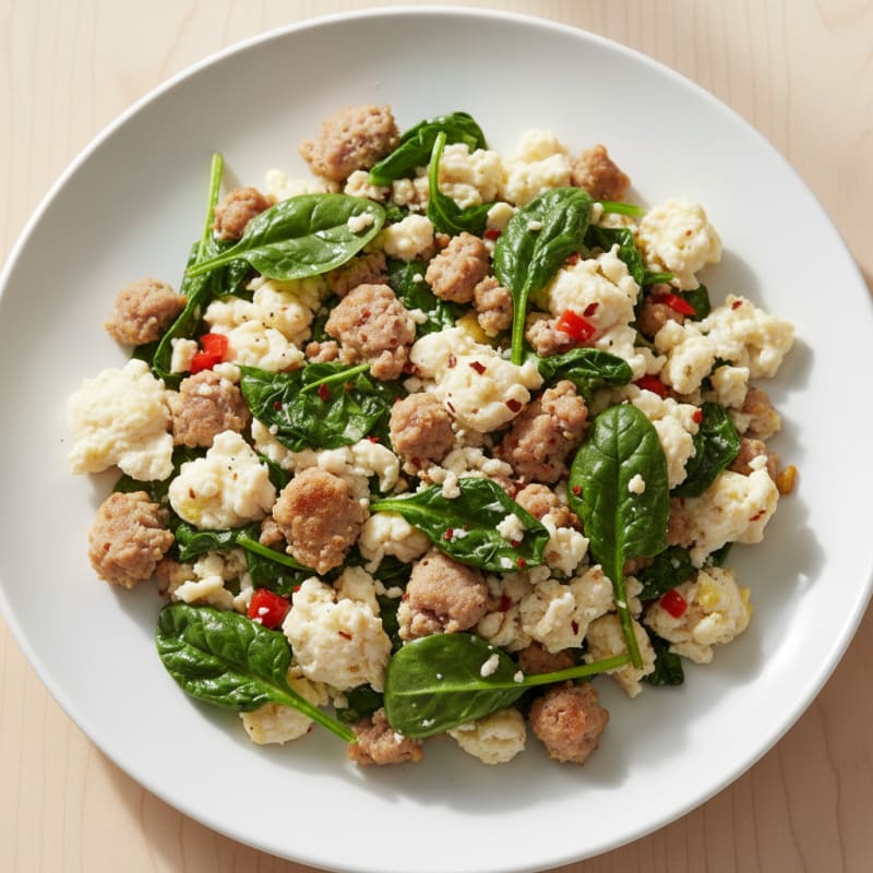 Egg White and Turkey Sausage Scramble with Sautéed Spinach