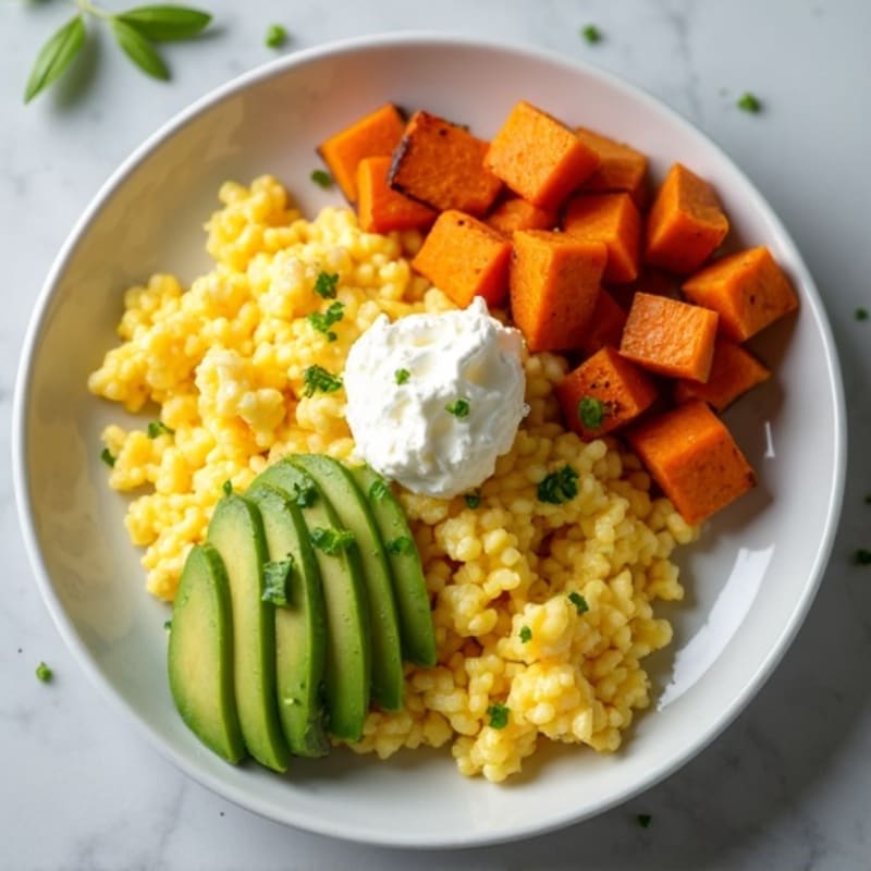 High-Protein Scrambled Eggs with Fresh Avocado, Roasted Sweet Potato, and Cottage Cheese