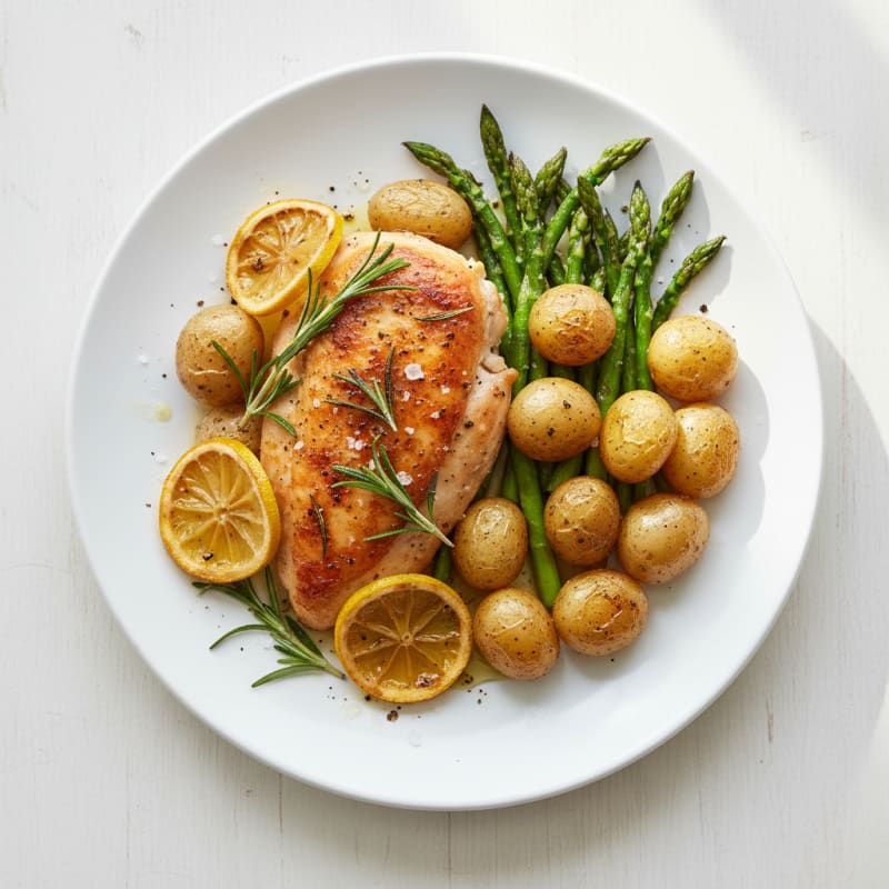 Lemon Herb Roasted Chicken with Asparagus and Baby Potatoes