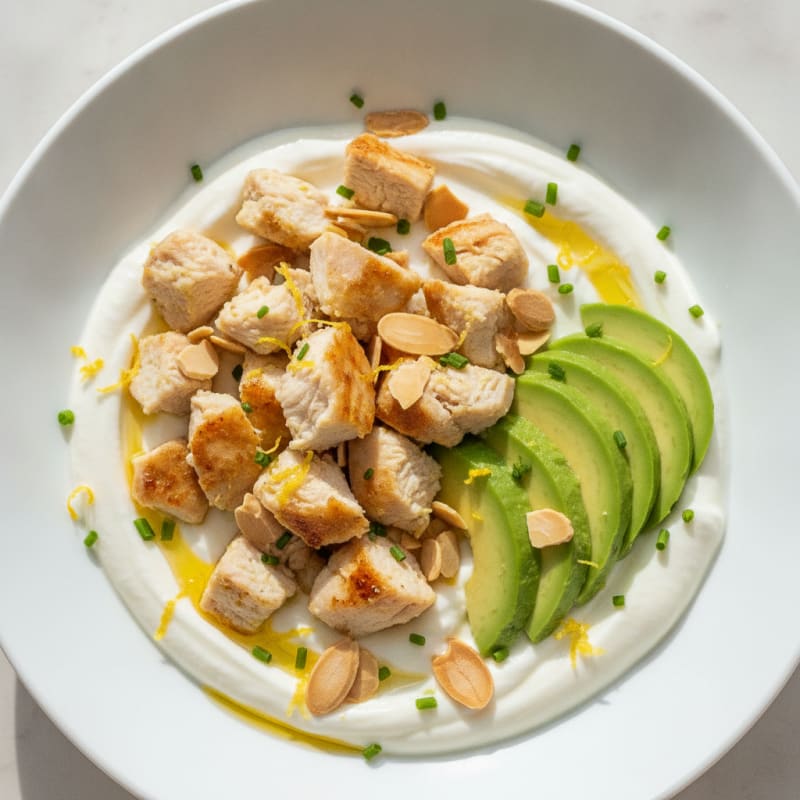 High-Protein Greek Yogurt Bowl with Chopped Chicken and Almonds