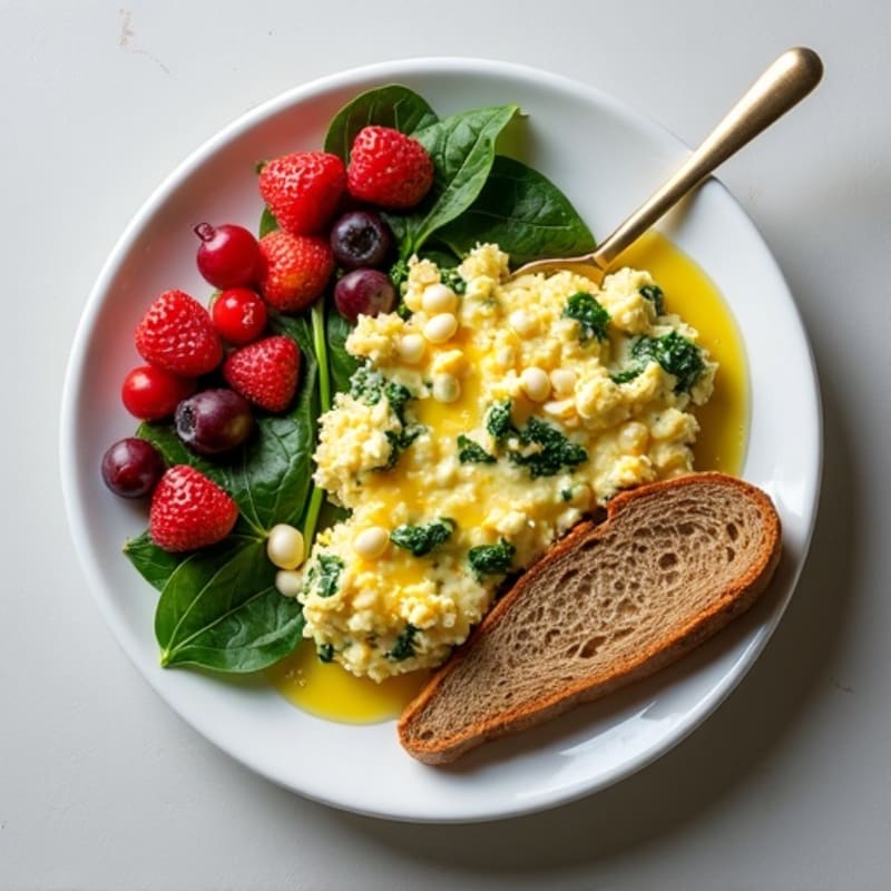 Egg White Spinach Scramble with Cottage Cheese and Fresh Berries