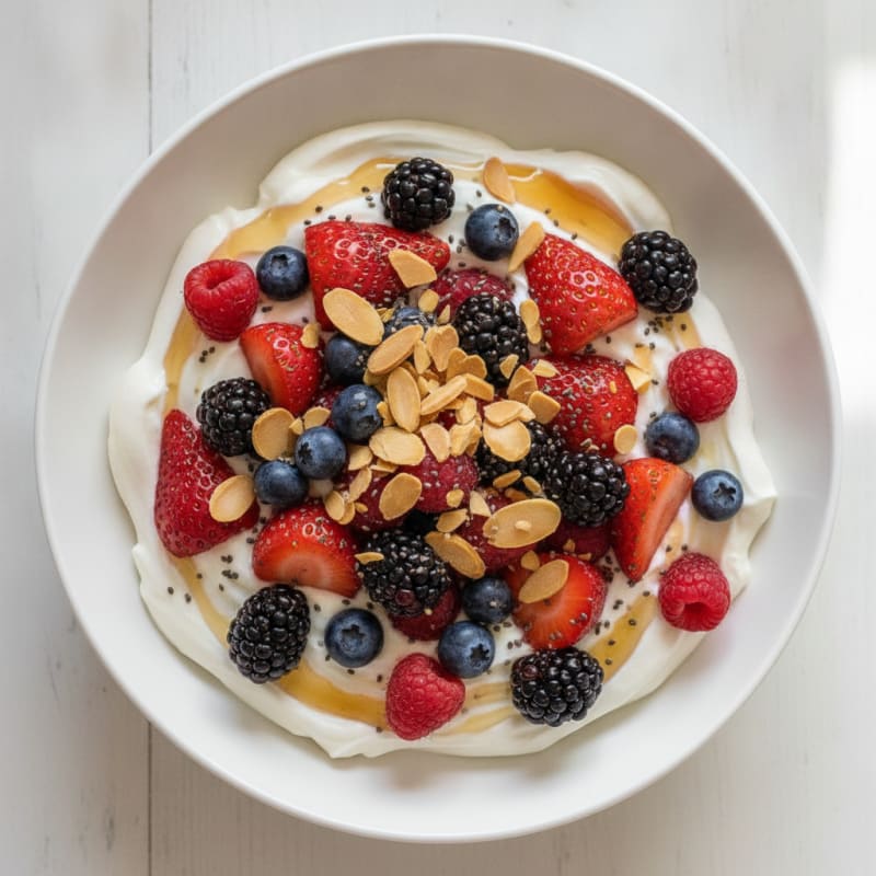 Silky Protein Greek Yogurt Bowl with Mixed Berries and Almonds