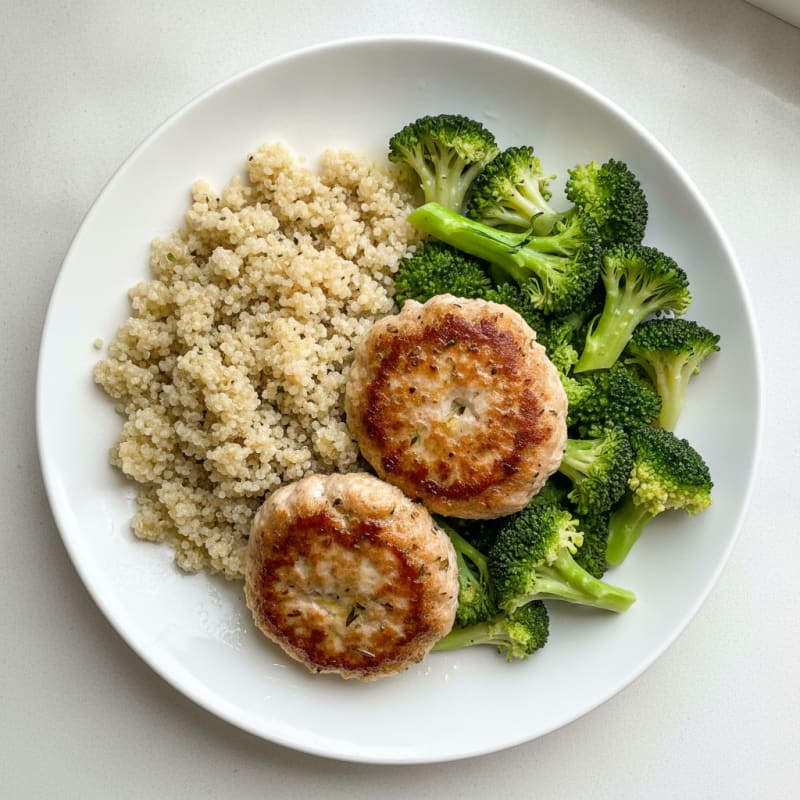Seared Turkey Patties with Steamed Broccoli and Quinoa