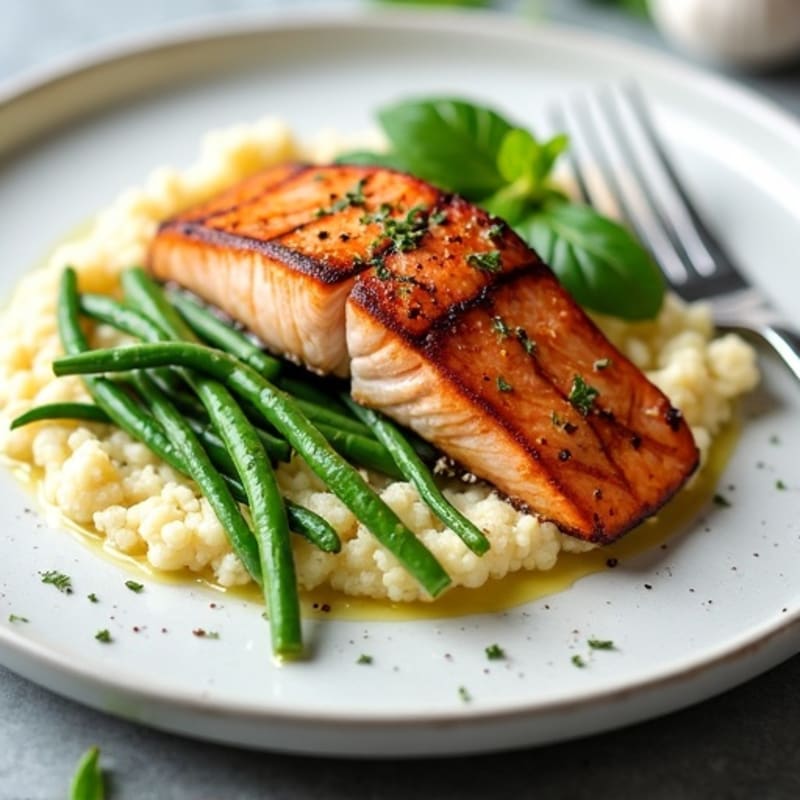Seared Salmon with Garlic Green Beans and Mashed Cauliflower