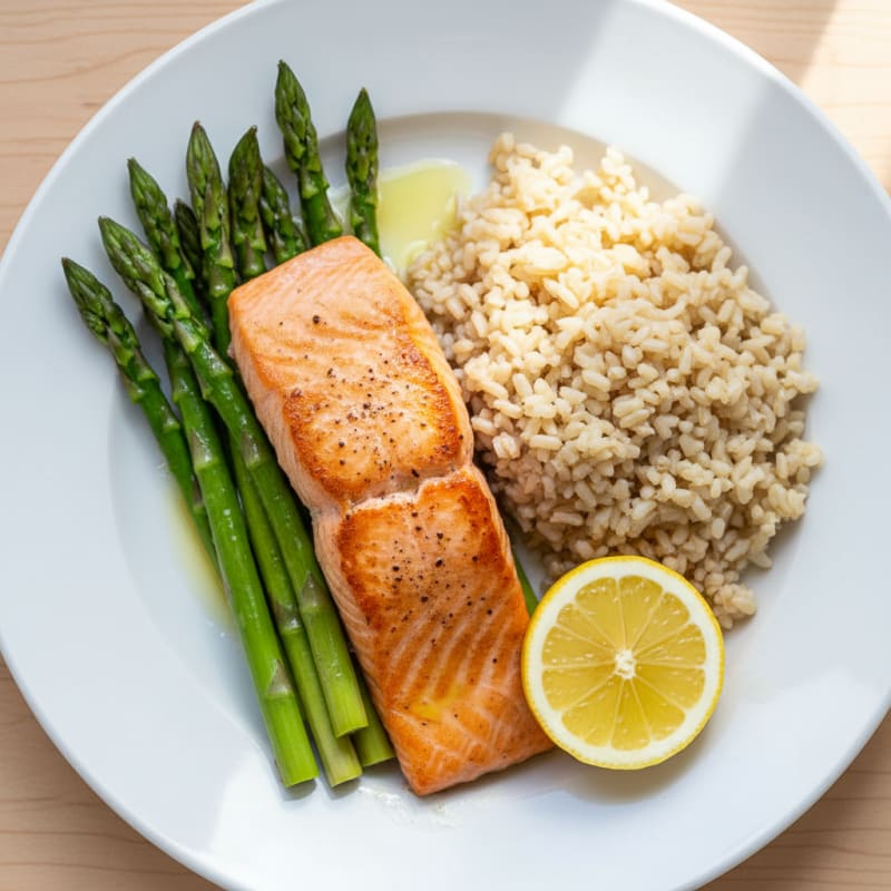 Seared Salmon with Steamed Asparagus and Brown Rice