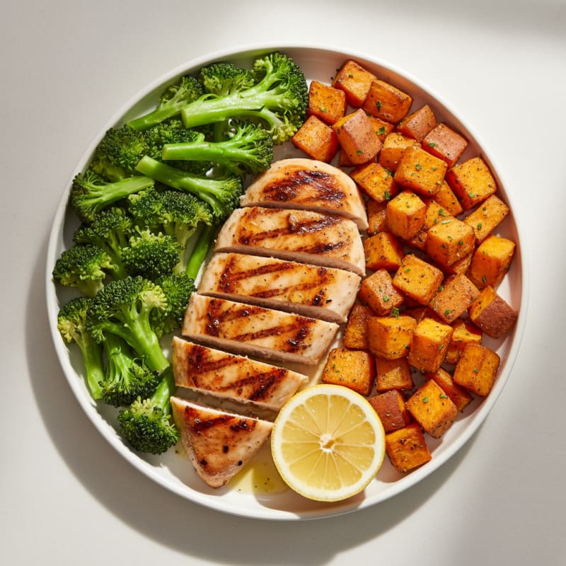 Grilled Chicken Breast with Steamed Broccoli and Roasted Sweet Potato