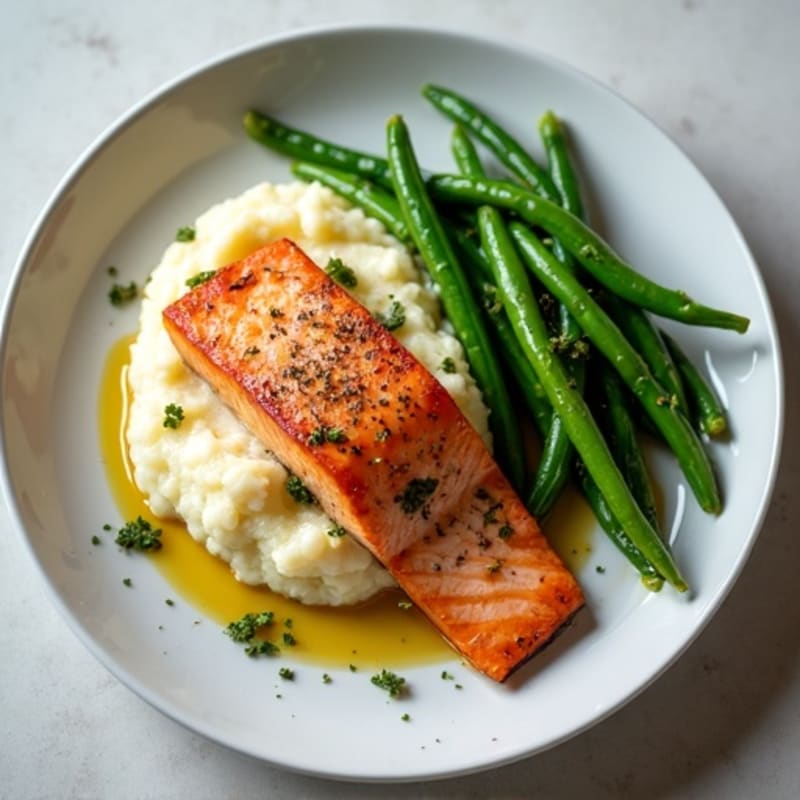 Seared Salmon with Garlic Green Beans and Cauliflower Mash