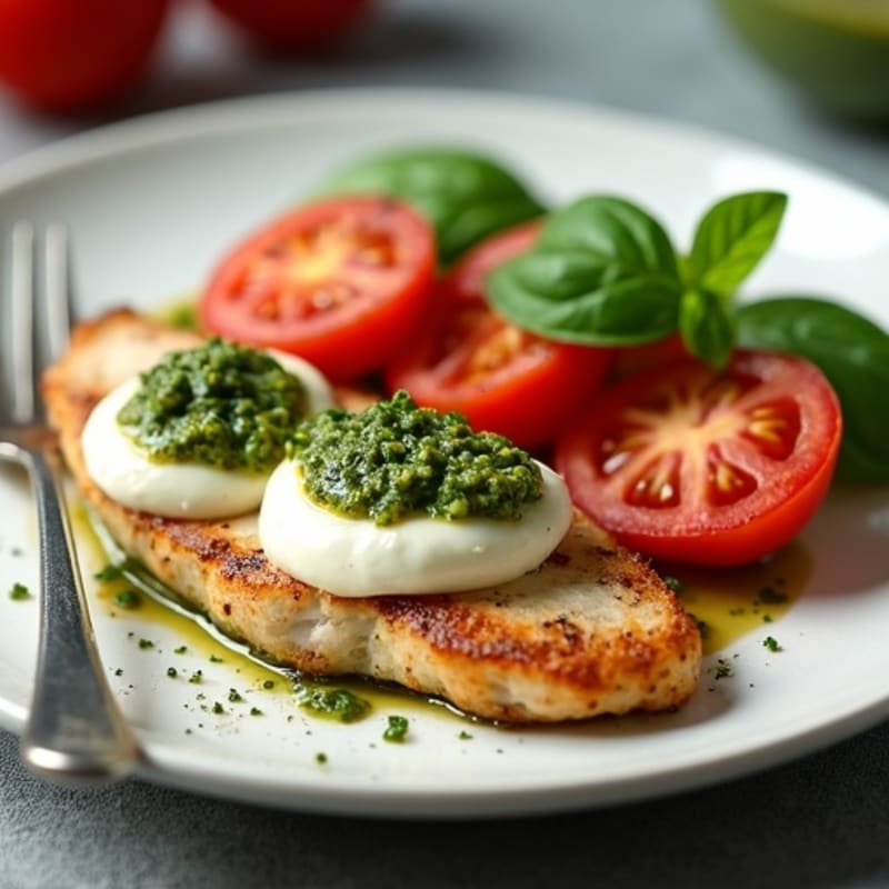 Grilled Chicken with Creamy Mozzarella, Juicy Tomatoes, and Fresh Basil Pesto