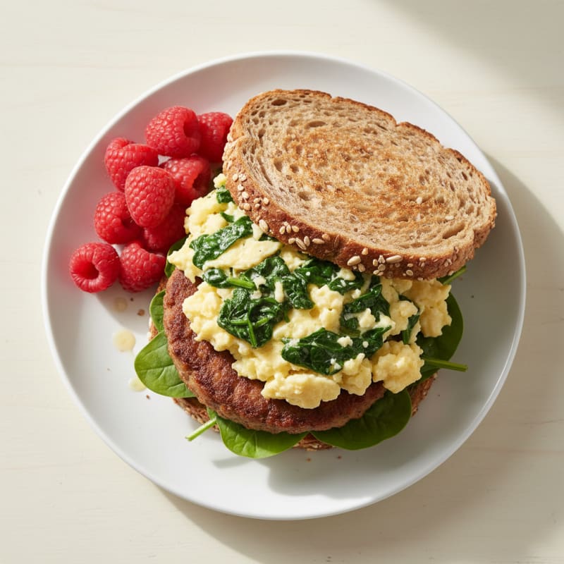 Egg and Turkey Sausage Breakfast Sandwich with Spinach on Whole Grain Bread