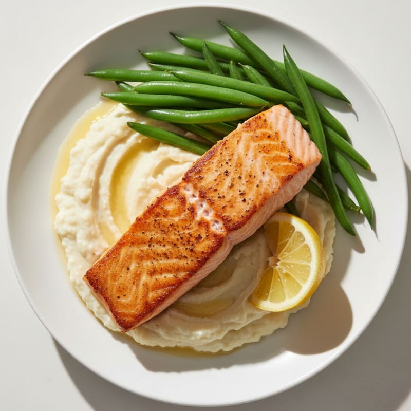 Seared Salmon with Steamed Green Beans and Cauliflower Mash