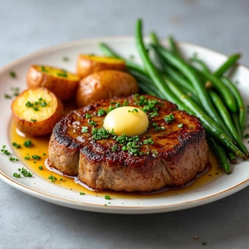 Garlic Butter Pan-Seared Steak with Crispy Roasted Potatoes and Fresh Green Beans