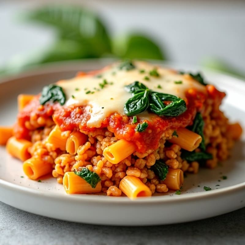 Cheesy Lean Ground Turkey Baked Ziti with Spinach