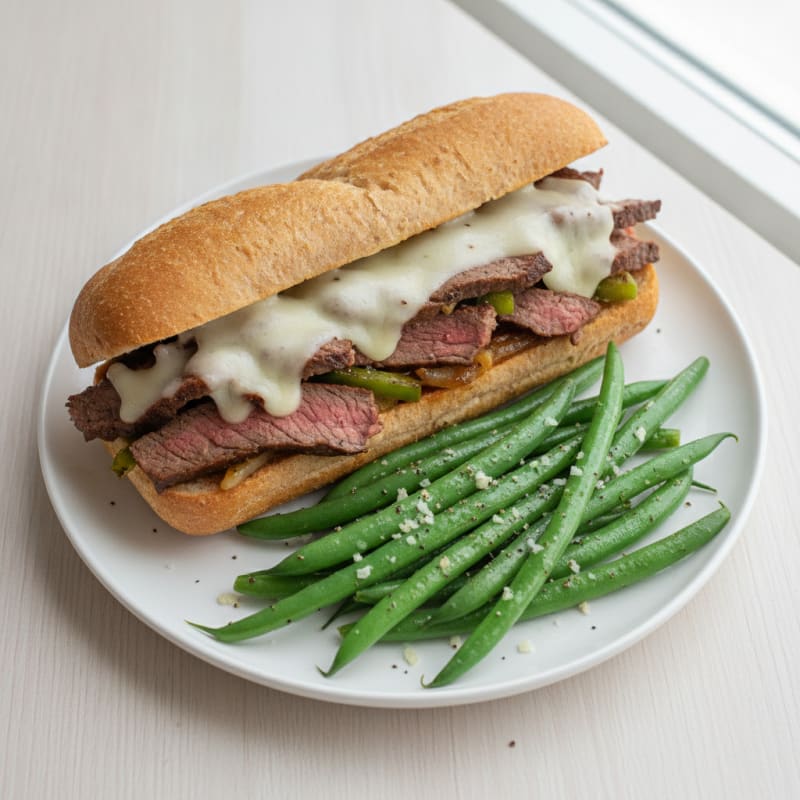 Philly Cheesesteak Sandwich with Garlic Green Beans