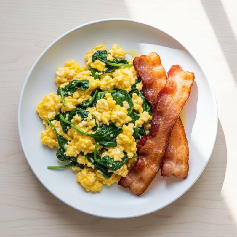 Cottage Cheese Egg Scramble with Spinach and Turkey Bacon