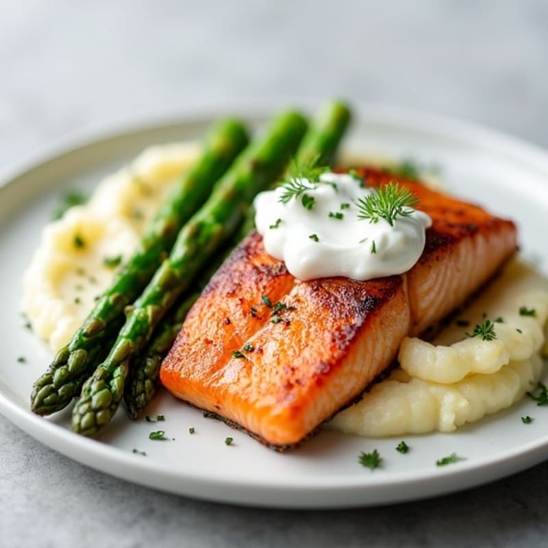 Seared Salmon Fillet with Steamed Asparagus and Cauliflower Mash