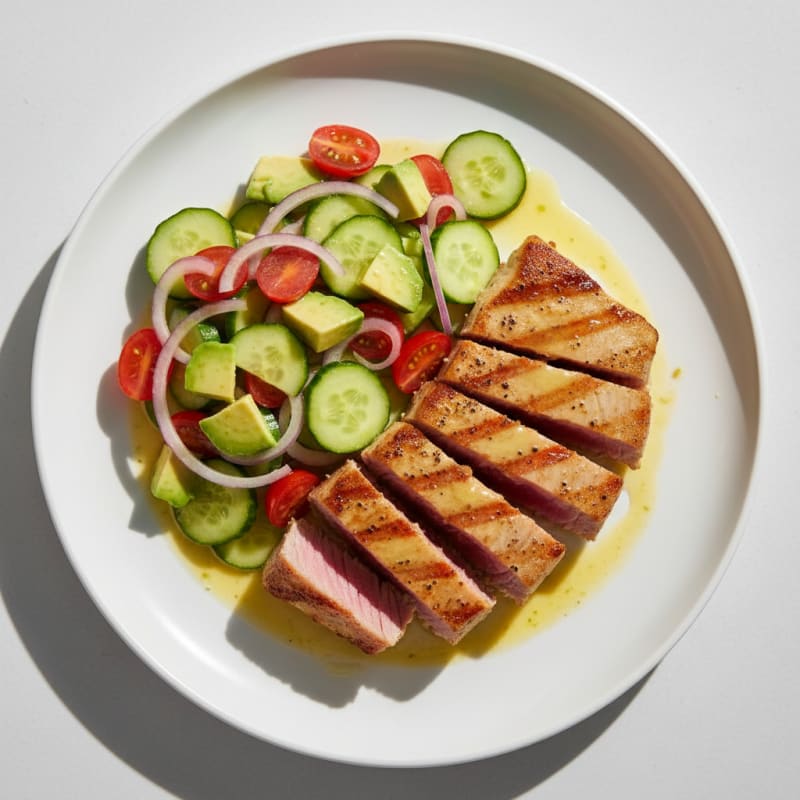Grilled Tuna Steak with Crisp Cucumber Tomato Salad