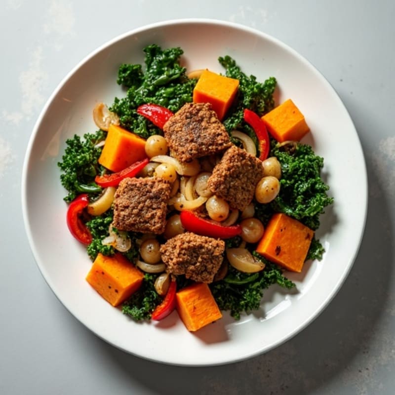 Savory Soy Mince with Roasted Sweet Potatoes and Greens