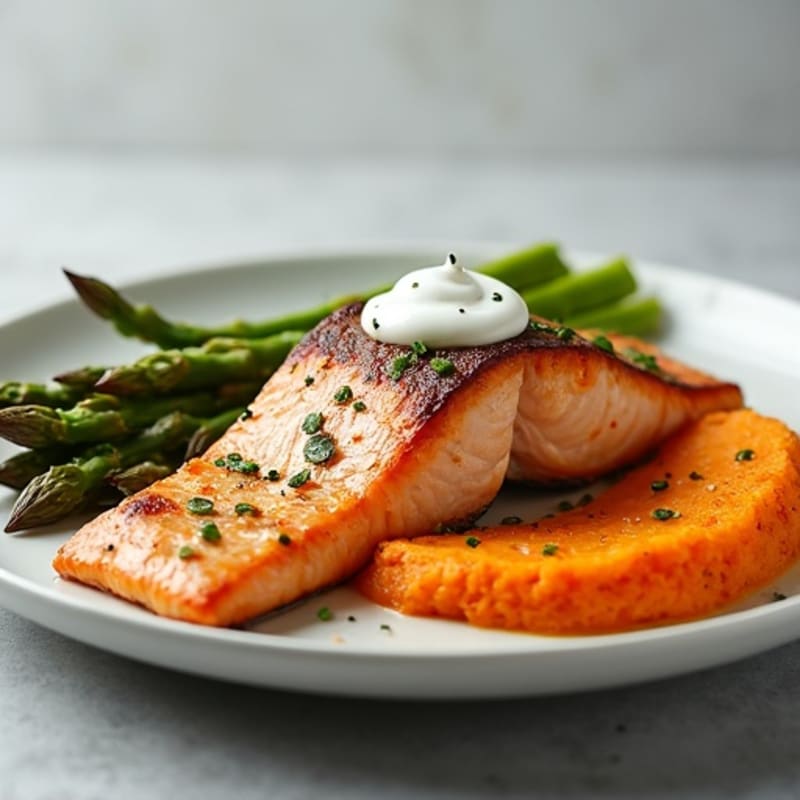 Seared Salmon with Steamed Asparagus and Sweet Potato Mash