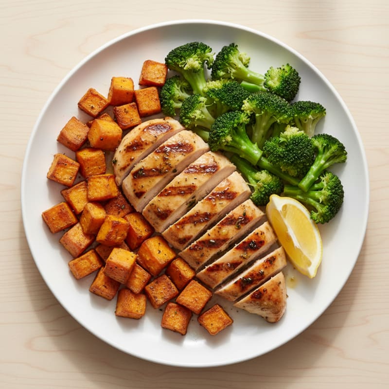 Grilled Chicken Breast with Roasted Sweet Potatoes and Steamed Broccoli