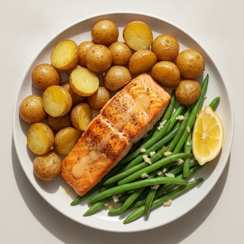 Pan-Seared Salmon with Garlic Green Beans and Roasted Baby Potatoes