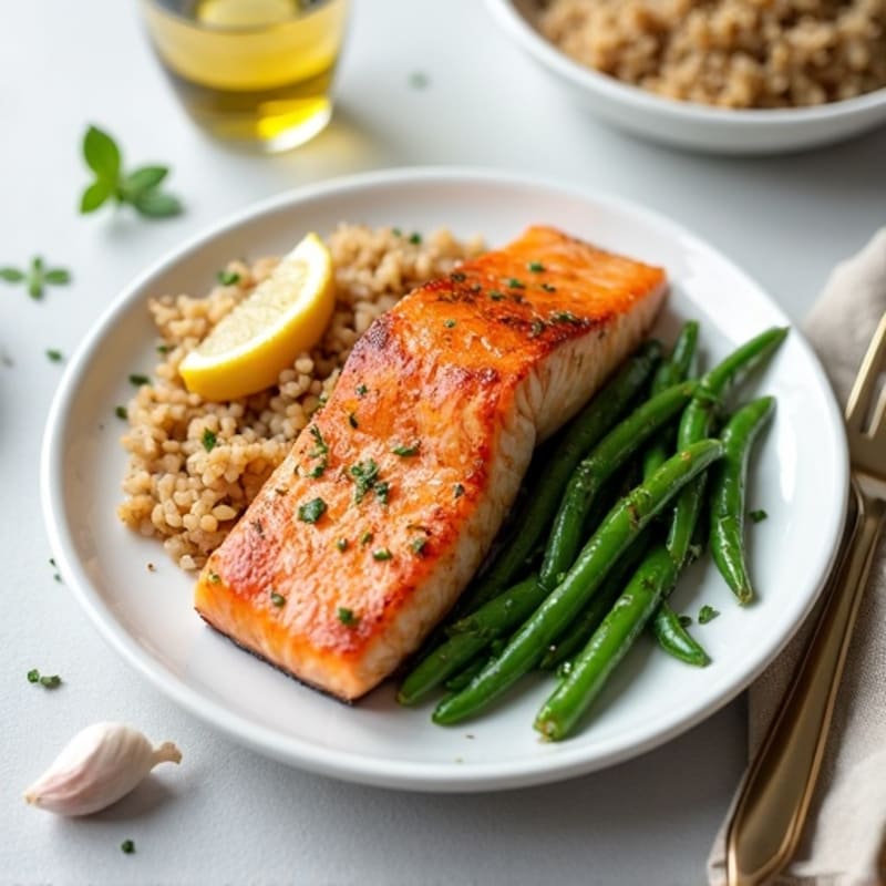 Seared Salmon Fillet with Garlic Green Beans and Brown Rice