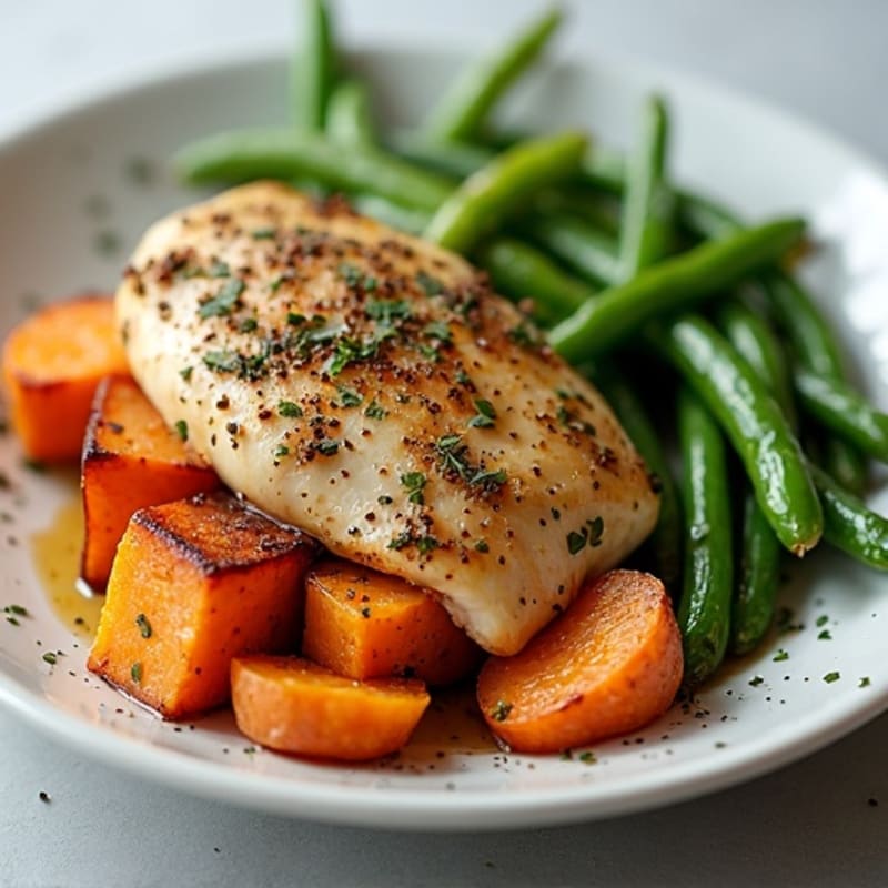 Herb-Roasted Chicken with Crispy Sweet Potatoes and Green Beans