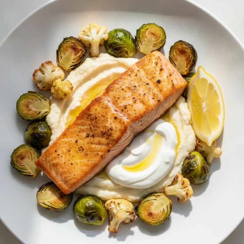 Seared Salmon Fillet with Roasted Brussels Sprouts and Cauliflower Mash
