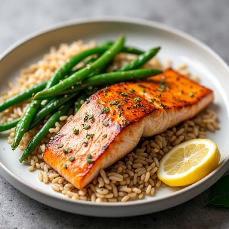 Seared Salmon with Garlic Green Beans and Brown Rice