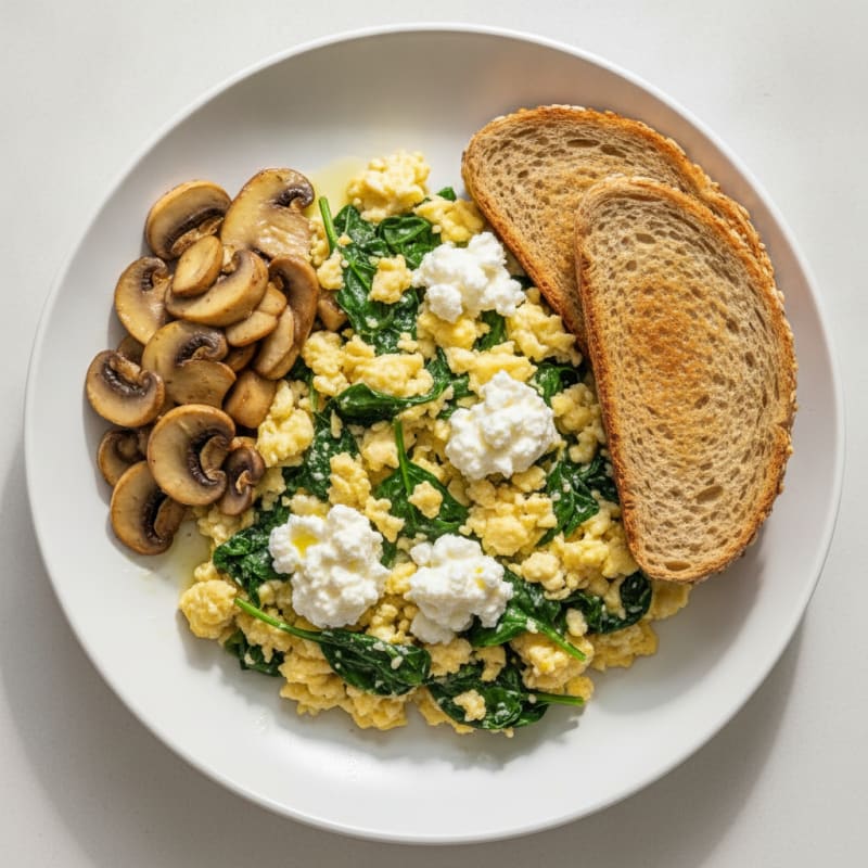 Egg White Spinach Scramble with Cottage Cheese and Sautéed Mushrooms