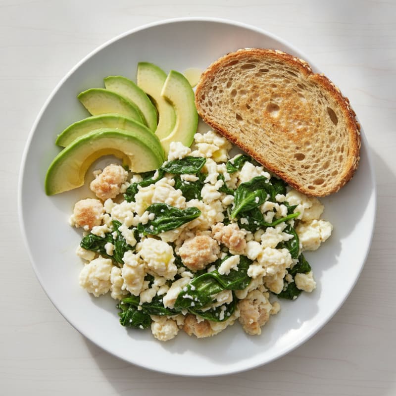 Egg White and Turkey Sausage Scramble with Sautéed Spinach