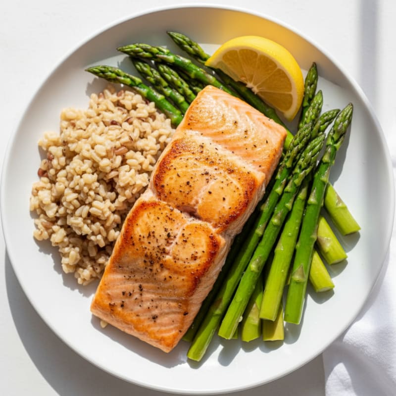 Seared Salmon with Steamed Asparagus and Brown Rice