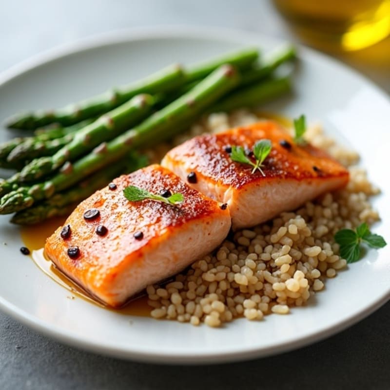 Seared Salmon with Steamed Asparagus and Brown Rice