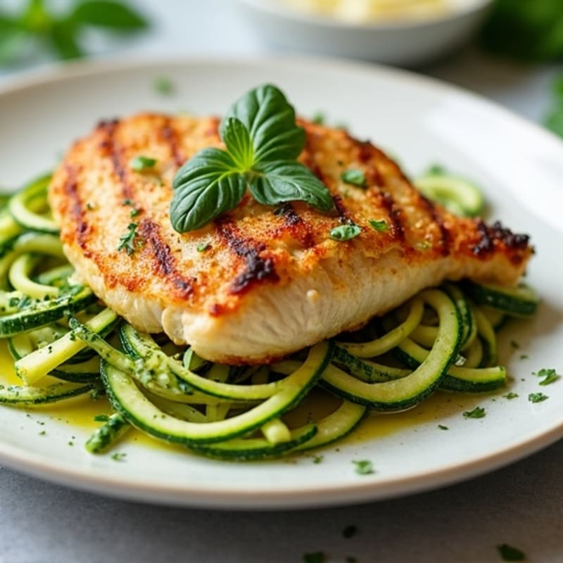 Crispy Pan-Seared Chicken with Creamy Pesto Zucchini Noodles