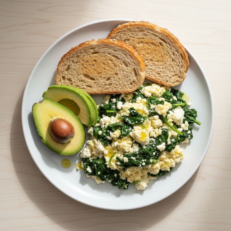 Egg White Scramble with Cottage Cheese and Sautéed Spinach