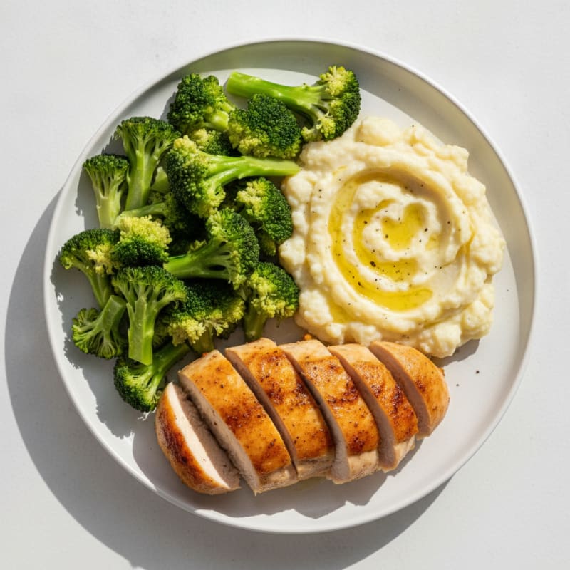 Roasted Chicken Breast with Steamed Broccoli and Garlic Mashed Cauliflower