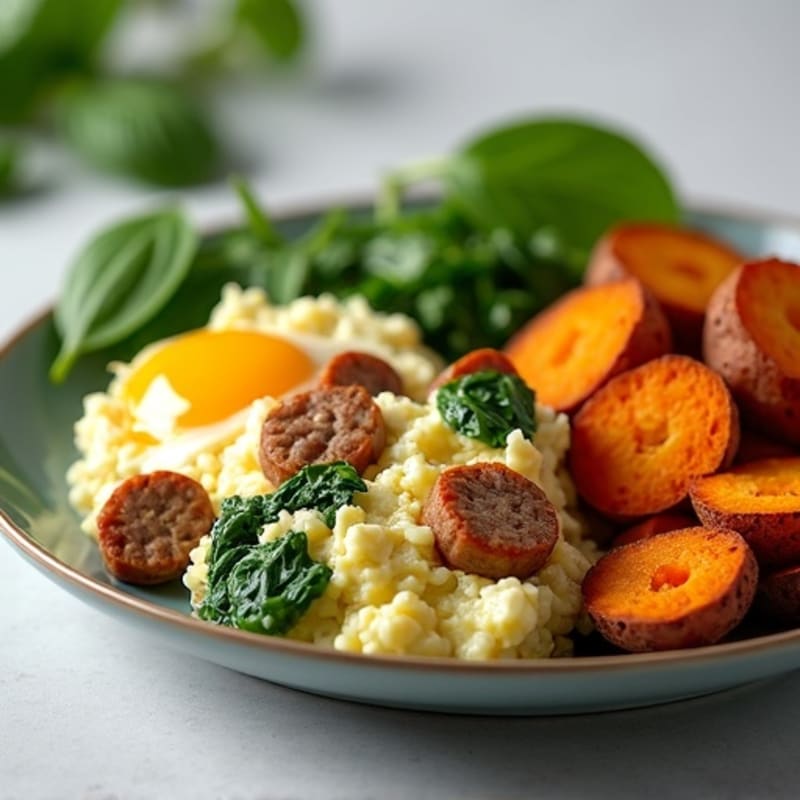 Egg White and Turkey Sausage Scramble with Spinach and Roasted Sweet Potato
