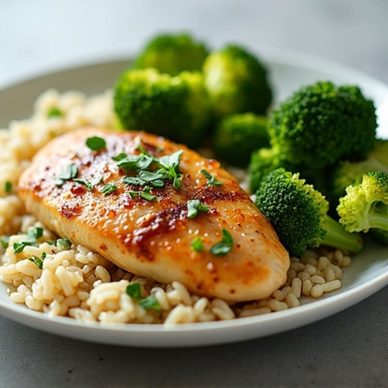 Herb-Garlic Pan Seared Chicken with Ginger Rice and Roasted Broccoli