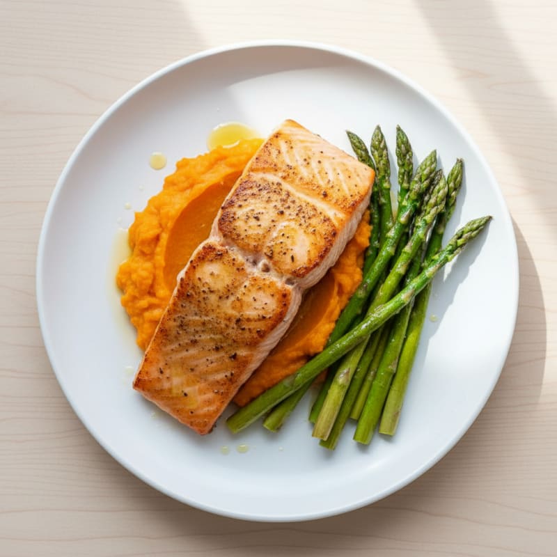Seared Salmon Fillet with Roasted Asparagus and Sweet Potato Mash