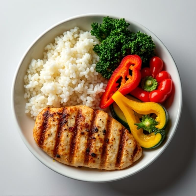 Grilled Chicken Bowl with Steamed Rice and Roasted Vegetables