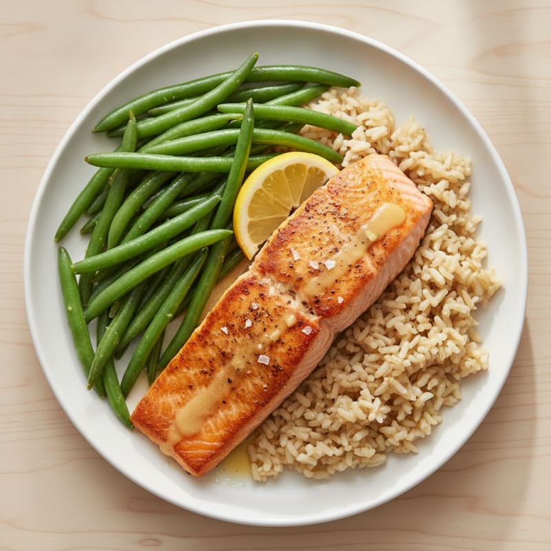Seared Salmon with Steamed Green Beans and Brown Rice
