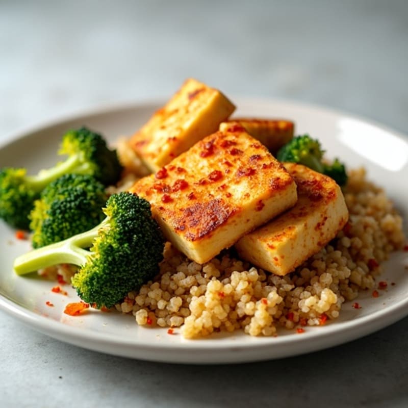 Spicy Baked Tofu with Quinoa and Roasted Broccoli