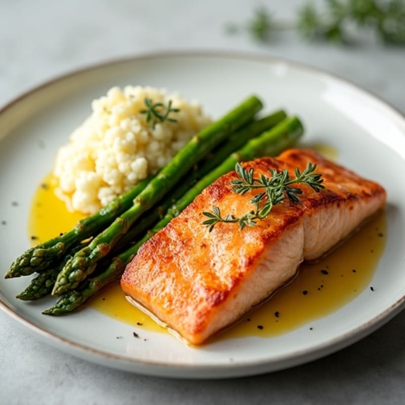 Seared Salmon with Steamed Asparagus and Cauliflower Mash