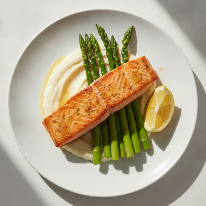 Seared Salmon with Steamed Asparagus and Cauliflower Mash