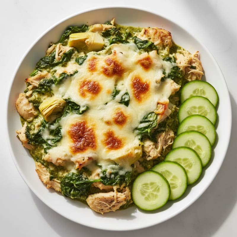 High-Protein Spinach Artichoke Chicken Bake