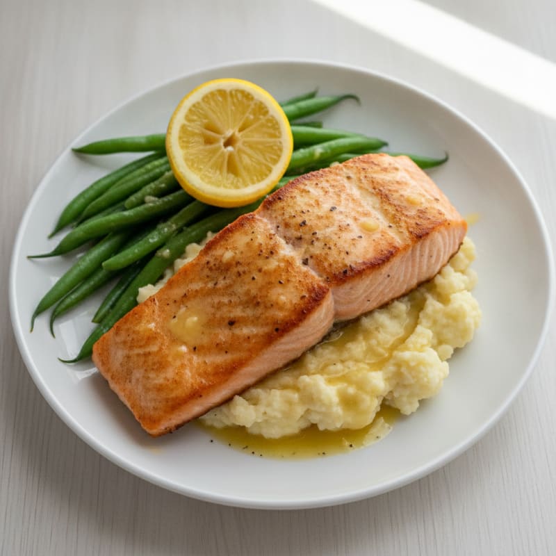 Seared Salmon with Steamed Green Beans and Garlic Mashed Cauliflower